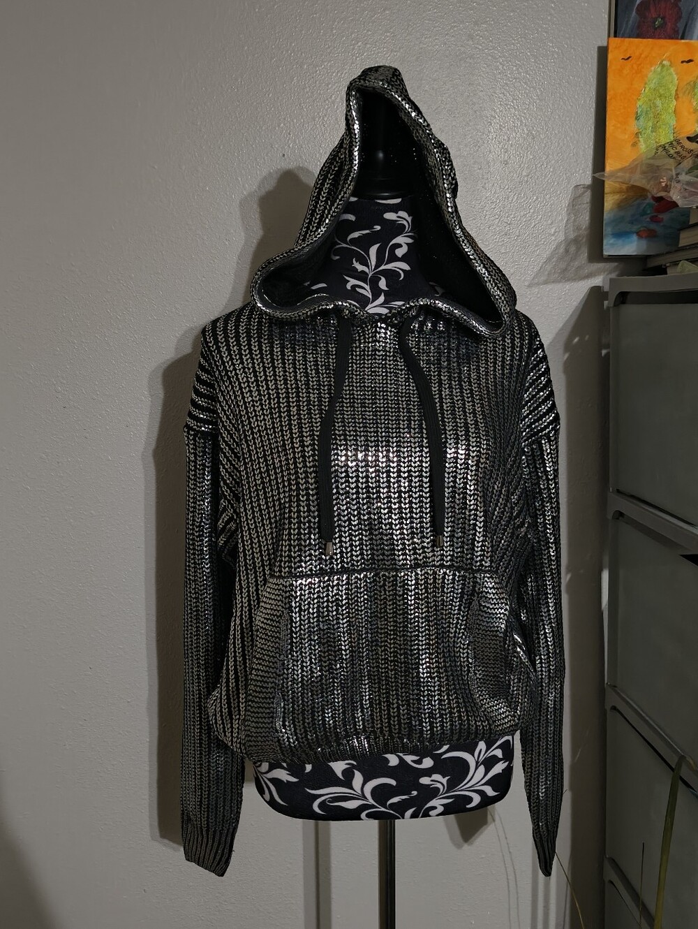 Women's Metallic Black Hoodie with Silver Knit - Hooded Pullover